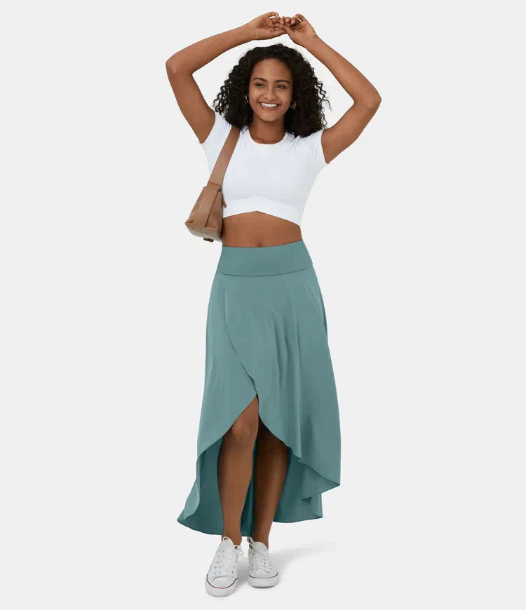 2 viename greitai džiūstantis laisvalaikio midi sijonas su aukštu juosmeniu ir mažais raukiniais-LT