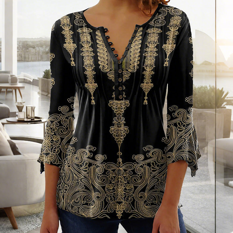 🌺 Moteriški marškinėliai su V formos iškirpte ir raštu✨-LT