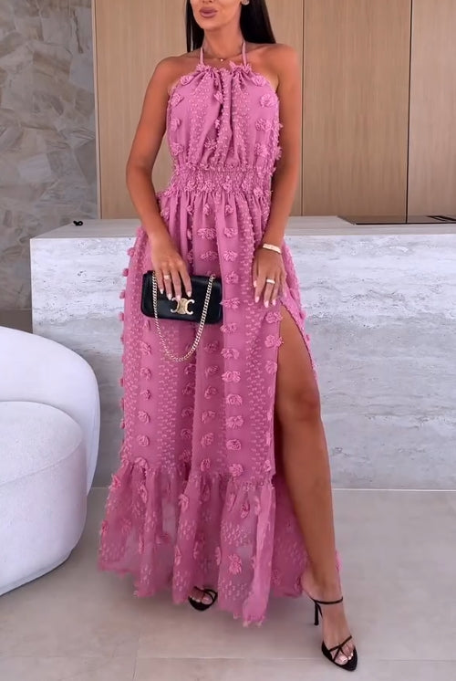 Vasarinė moteriška madinga suknelė su atvira nugara ir dideliu skeltuku-LT