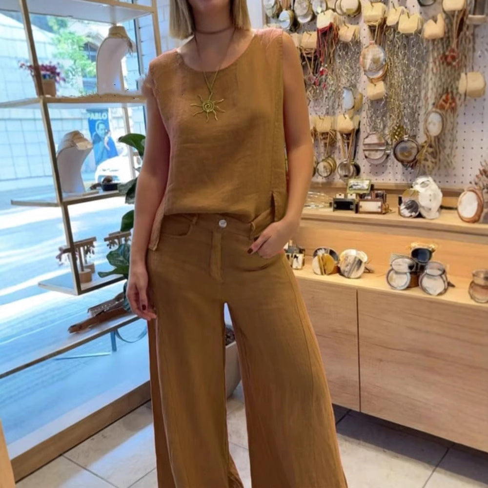 Conjunto de pantalón sin mangas de algodón y lino de color liso-ES