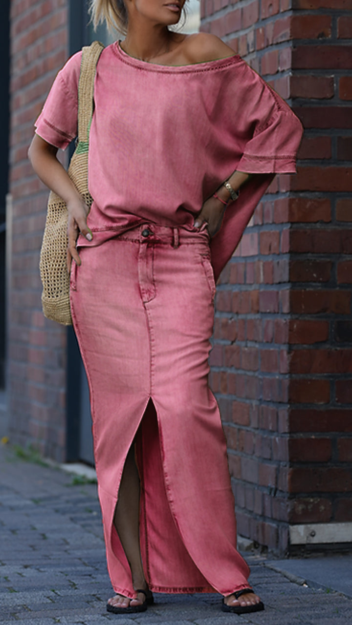 Moteriškas laisvalaikio kostiumas apvalia kaklo iškirpte iš tencel džinso-LT