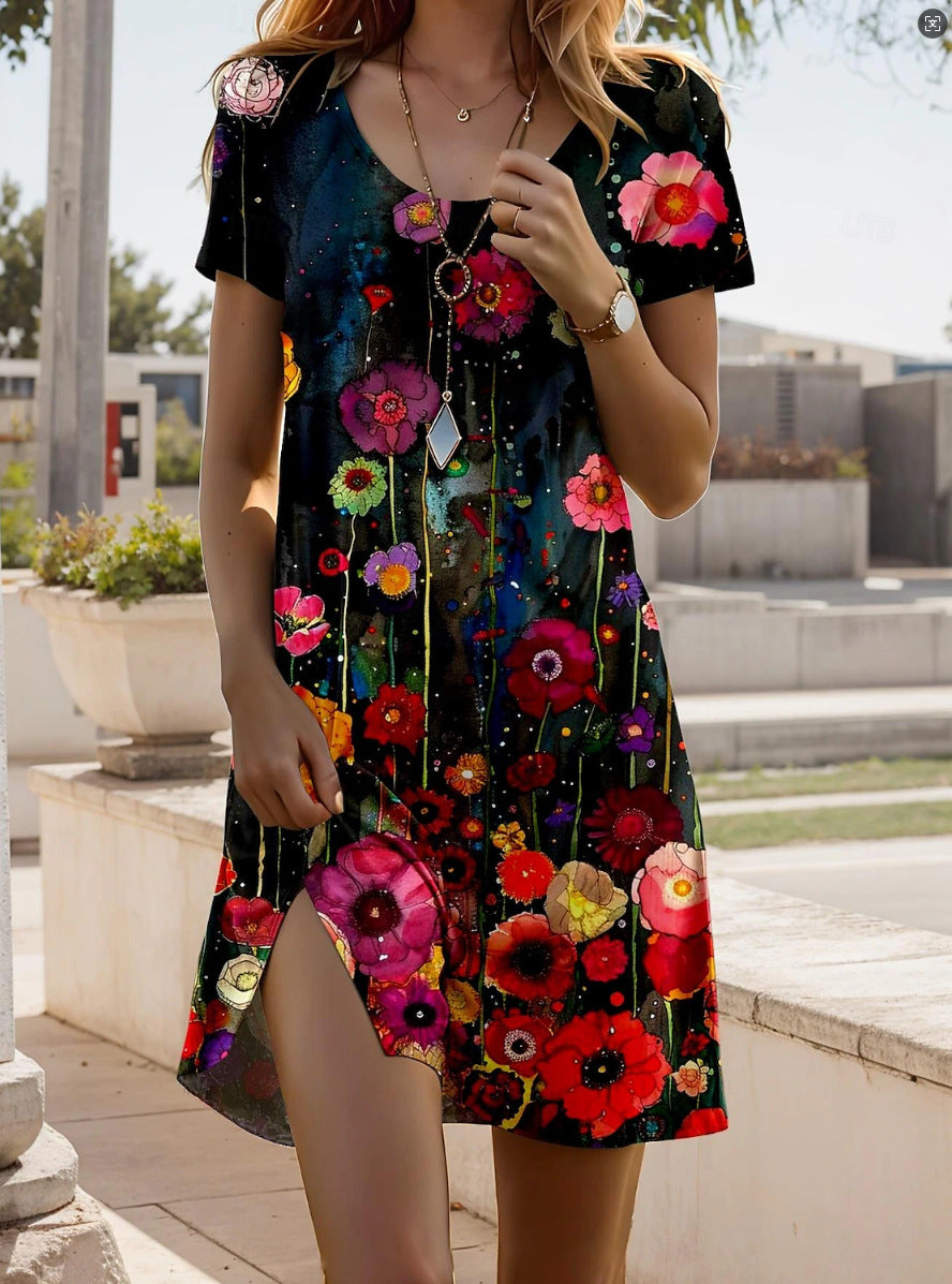 Εμπριμέ φόρεμα με κοντά μανίκια-GR