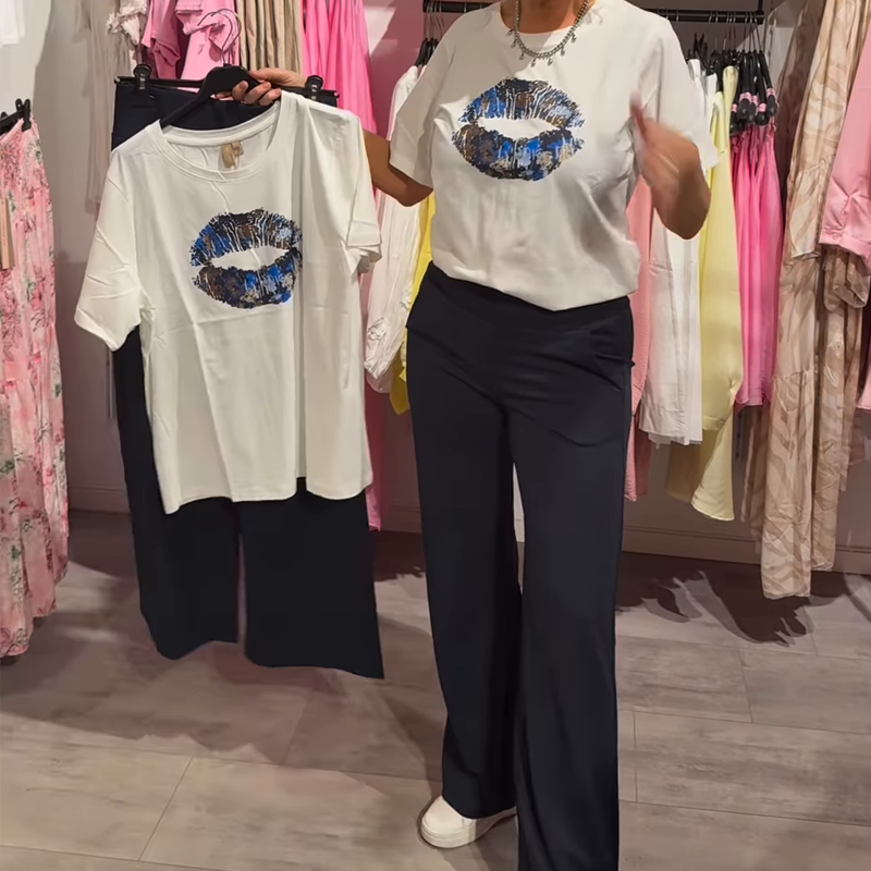 Conjunto de dos piezas para mujer con estampado, top y pantalón.-ES