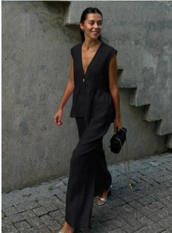 Moteriškas dviejų dalių komplektas iš vientisos medvilnės, V formos iškirptė, be rankovių, palaidinė ir kelnės-LT