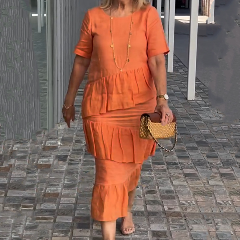 💖Moteriška klostuota suknelė apvaliu kaklu-LT