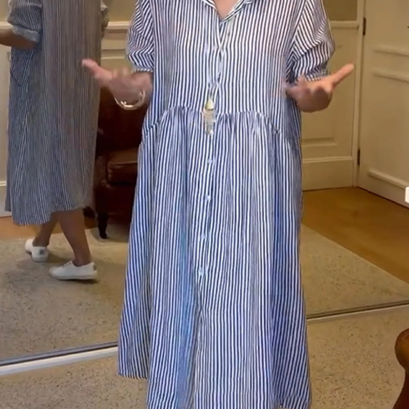 🔥👗Vestido camisero de rayas con solapas y botones | Con bolsillos funcionales-ES