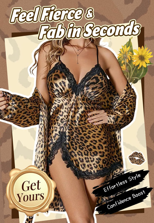 Conjunto de pijama sexy de dos piezas con estampado de leopardo.-ES
