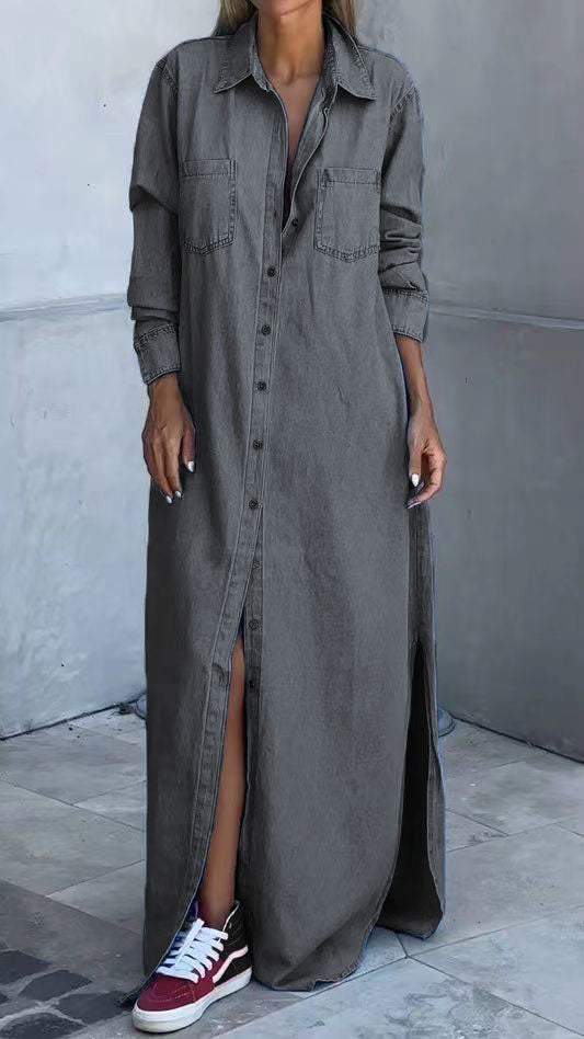 Džínsové šaty s dlhými rukávmi a chlopňami-SK