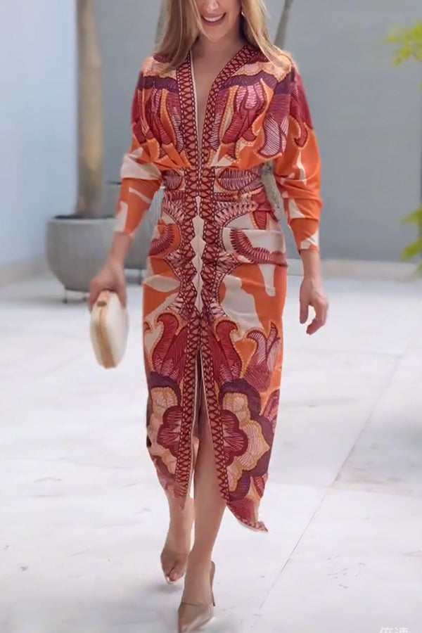 Vestido midi brasileño único con estampado de murciélago y mangas largas plisadas-ES