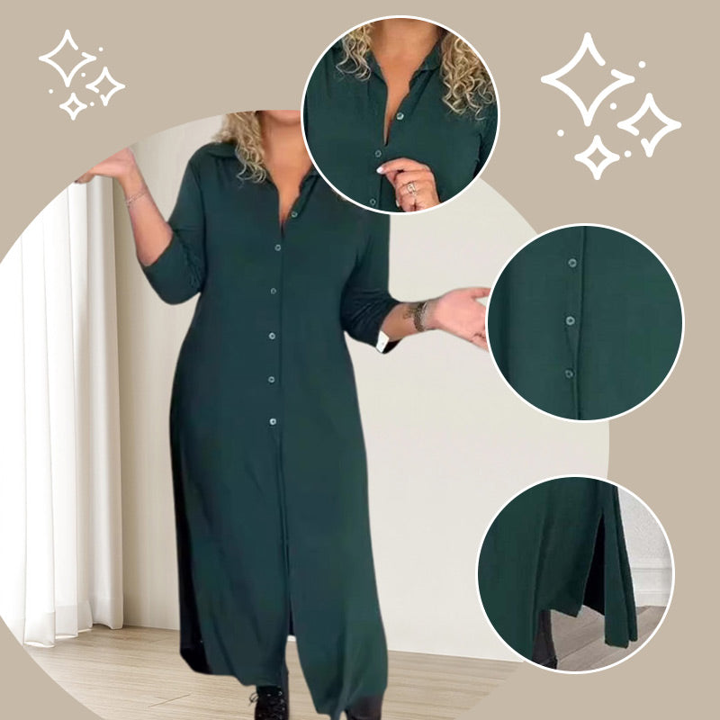 ✨ ILGŲ RANKOVIŲ SUKNELĖ SU ATLAPU IR SAGOMIS-LT