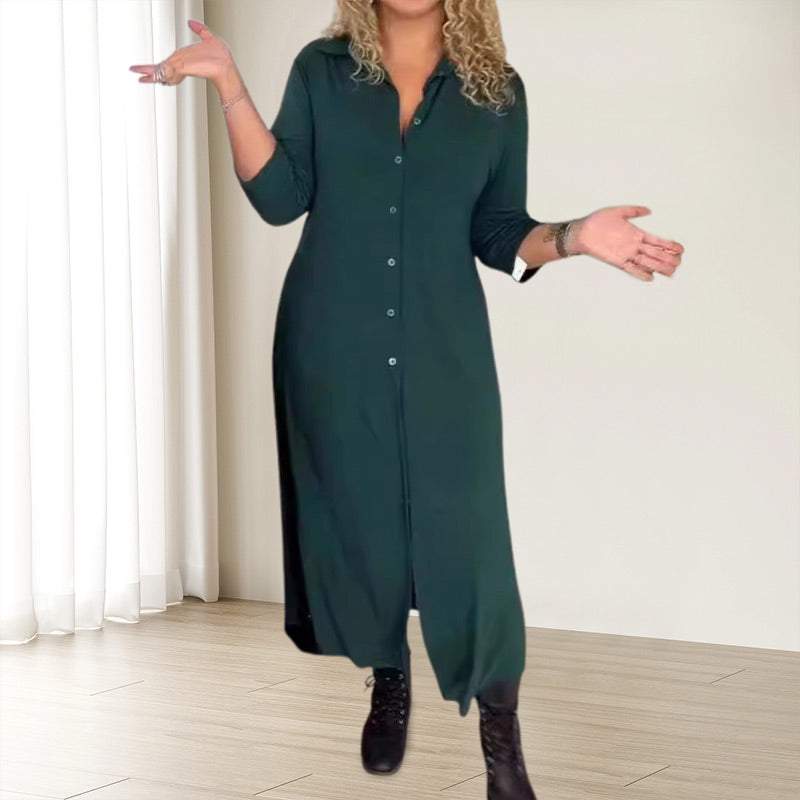 ✨ ILGŲ RANKOVIŲ SUKNELĖ SU ATLAPU IR SAGOMIS-LT