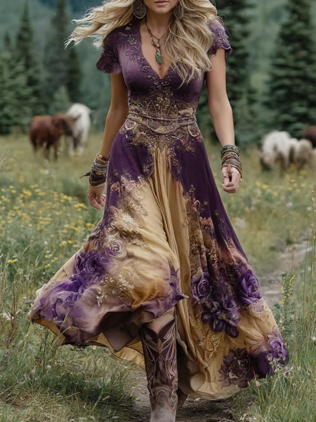 Elegante vestido largo corto en tonos morados y lavanda con estampado floral.-ES