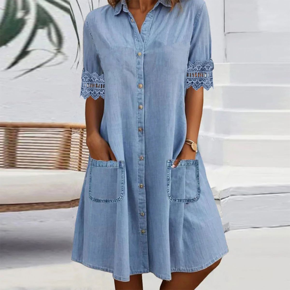 ⏳Vestido recto azul con cuello y ribete de encaje en estilo jeans mini-ES