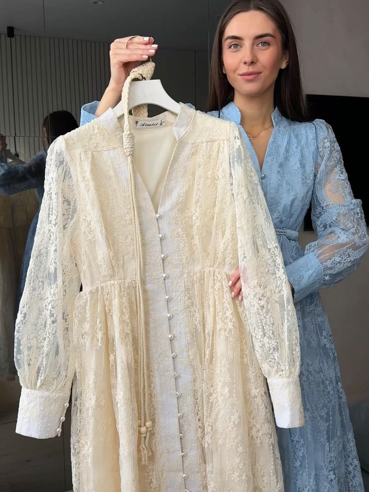 Ženska obleka z V-izrezom, bogato vezena-SI