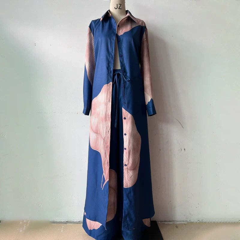 🌼Μακρύ πουκάμισο με στριφτό κουμπί και σετ παντελόνι με κορδόνι-GR