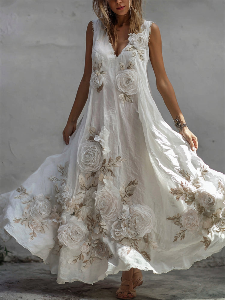 Vestido largo vintage de lino con estampado de rosas blancas-ES