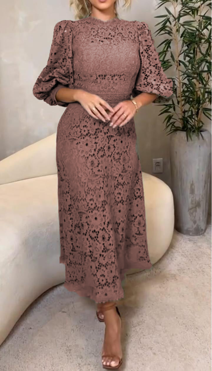 Vestido de encaje para mujer con escote redondo y mangas de estilo veraniego.-ES