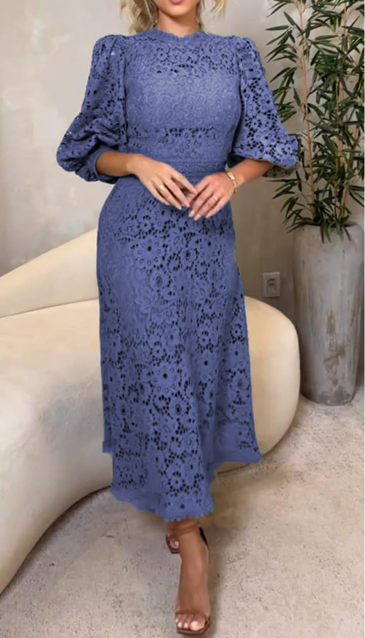Vestido de encaje para mujer con escote redondo y mangas de estilo veraniego.-ES