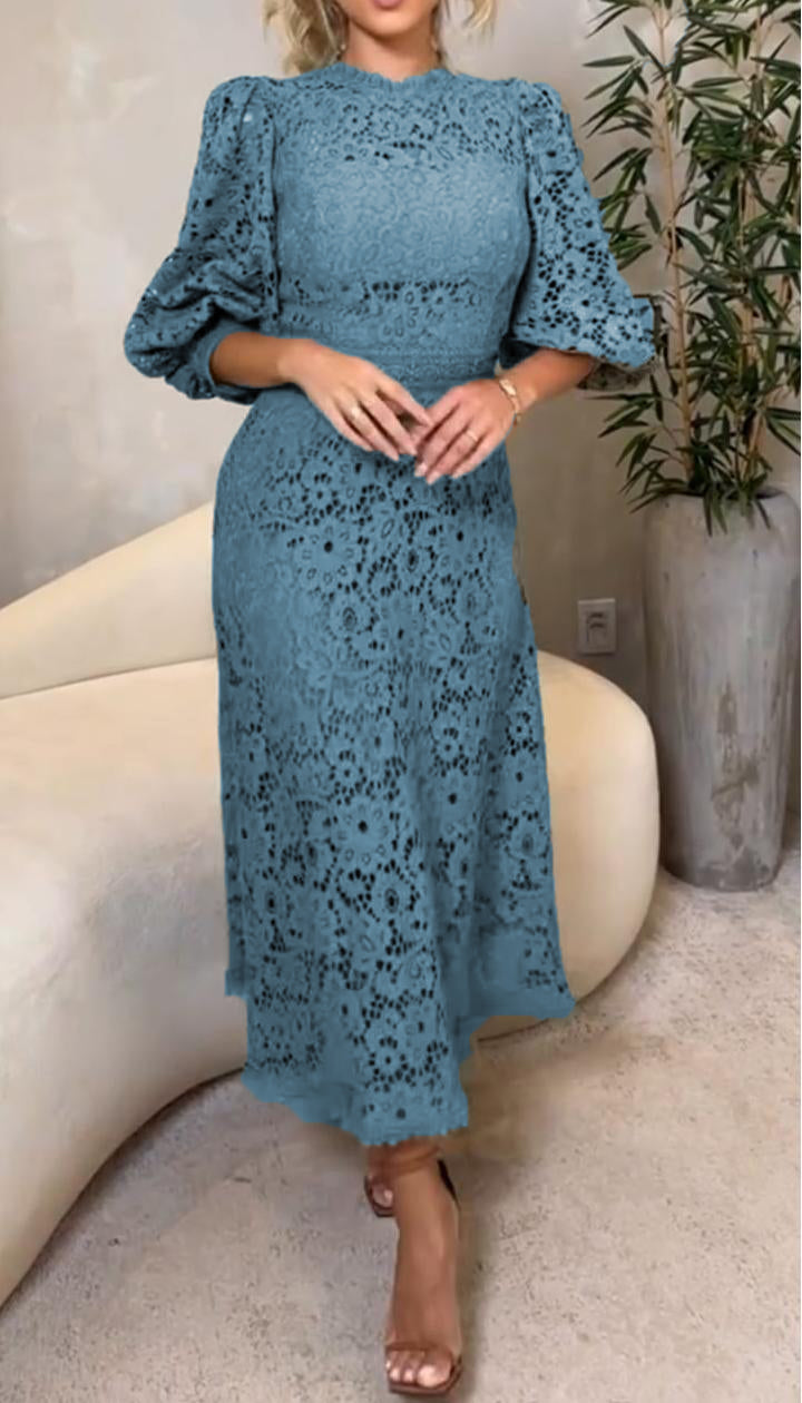 Vestido de encaje para mujer con escote redondo y mangas de estilo veraniego.-ES