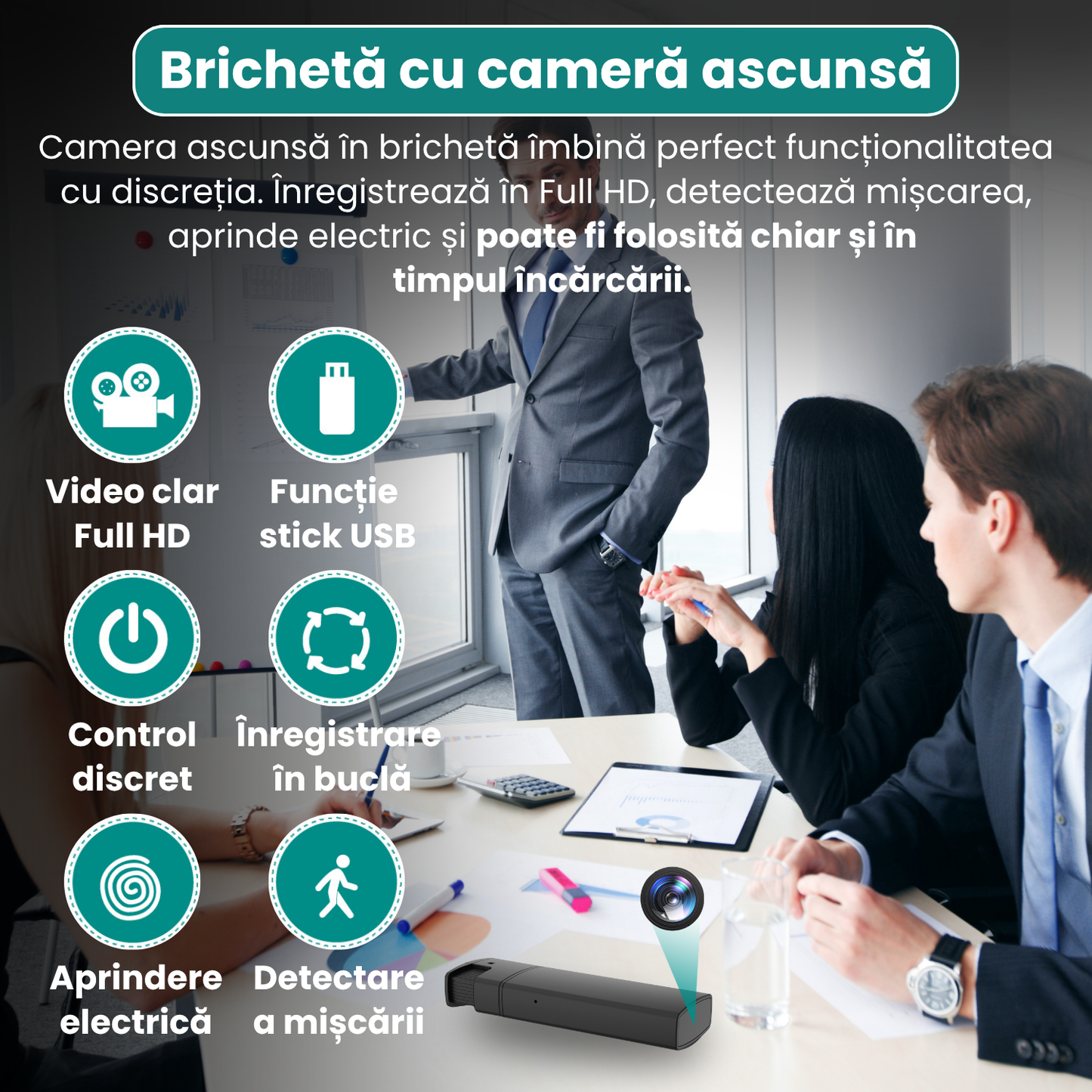 Vžigalnik s skrito kamero, funkcija pravega električnega vžiga, snemanje videa v ločljivosti Full HD 1080p, zaznavanje gibanja, zančno snemanje-SI