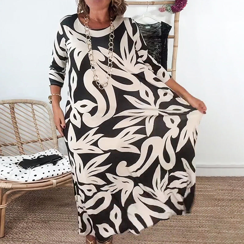 🌼Elegantna, ohlapna, vzorčasta ženska obleka z okroglim izrezom-SI