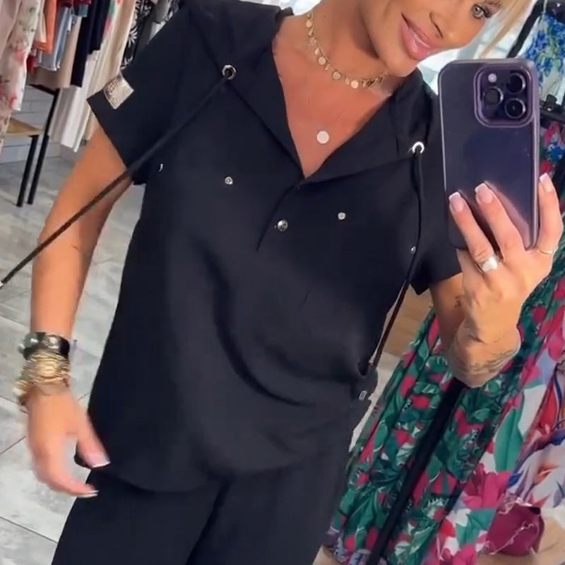 Blusa con cuello en V y capucha, manga corta, pantalón, conjunto de dos piezas-ES