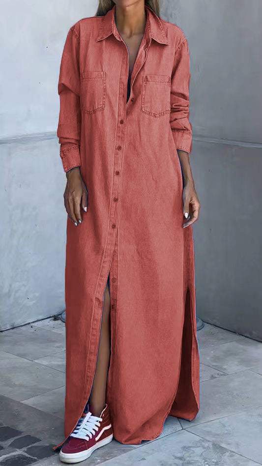 Džínsové šaty s dlhými rukávmi a chlopňami-SK