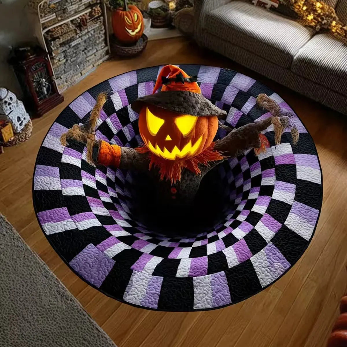 🔥Paskutinis išpardavimas🎃Dygsniuotas apvalus Helovino kilimėlis su 3D skeletu ir sūkuriu-LT