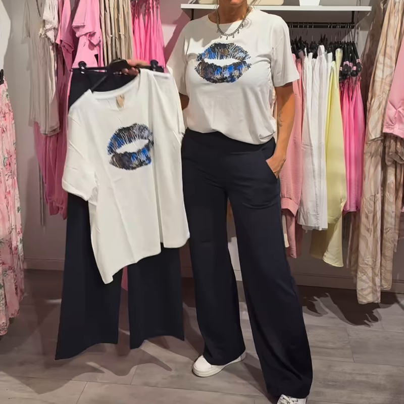 Ženski dvodijelni set s printom, topom i hlačama-HR