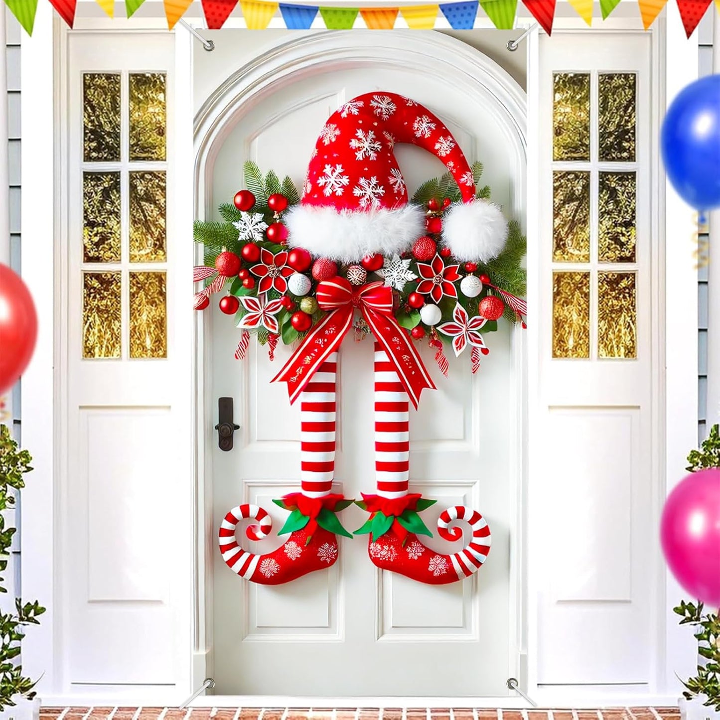 Pancarta navideña con piernas de elfo en la puerta.-ES