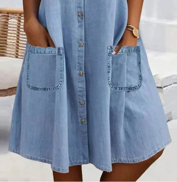 ⏳Vestido recto azul con cuello y ribete de encaje en estilo jeans mini-ES
