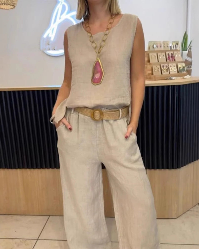 Conjunto de pantalón sin mangas de algodón y lino de color liso-ES