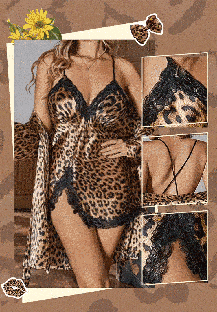 Conjunto de pijama sexy de dos piezas con estampado de leopardo.-ES
