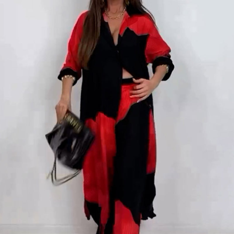 🌼Μακρύ πουκάμισο με στριφτό κουμπί και σετ παντελόνι με κορδόνι-GR