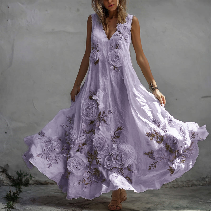 Vestido largo vintage de lino con estampado de rosas blancas-ES