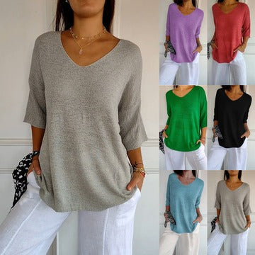 🔥Nov slog 2025🥰 Enobarvni pleteni top z v-izrezom-SI