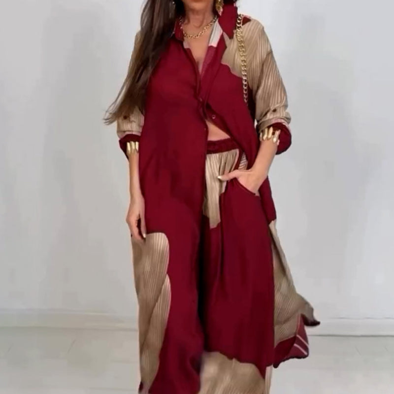 🌼Μακρύ πουκάμισο με στριφτό κουμπί και σετ παντελόνι με κορδόνι-GR