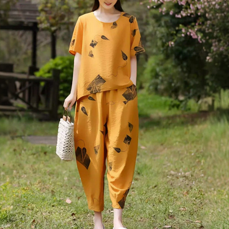 💞 Conjunto de pantalón corto de pierna ancha y top de manga corta con estampado para mujer-ES