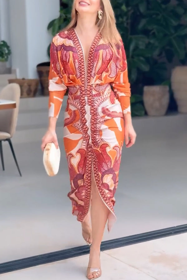 Vestido midi brasileño único con estampado de murciélago y mangas largas plisadas-ES