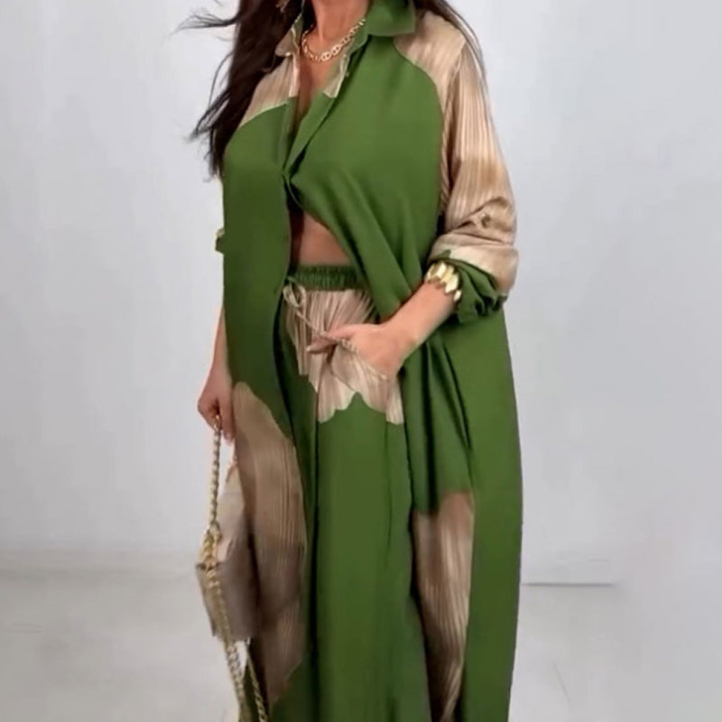 🌼Μακρύ πουκάμισο με στριφτό κουμπί και σετ παντελόνι με κορδόνι-GR