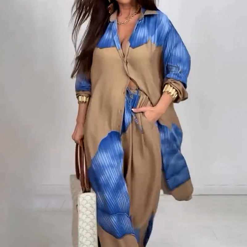 🌼Μακρύ πουκάμισο με στριφτό κουμπί και σετ παντελόνι με κορδόνι-GR