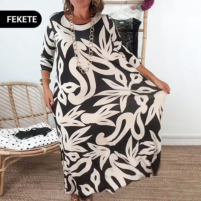 🌼Elegantna, ohlapna, vzorčasta ženska obleka z okroglim izrezom-SI