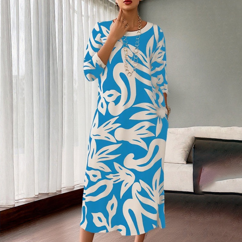 🌼Elegantna, ohlapna, vzorčasta ženska obleka z okroglim izrezom-SI