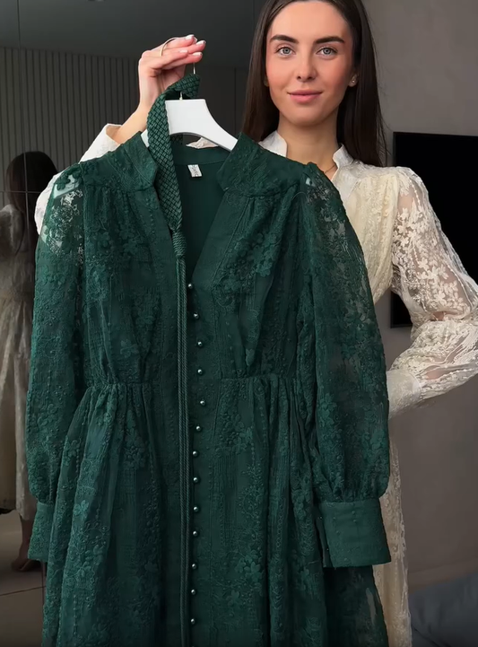 Ženska obleka z V-izrezom, bogato vezena-SI