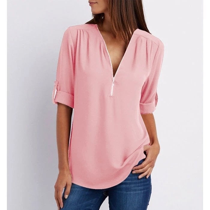 💟Blusa holgada de talla grande con mangas 3/4 y cremallera-ES