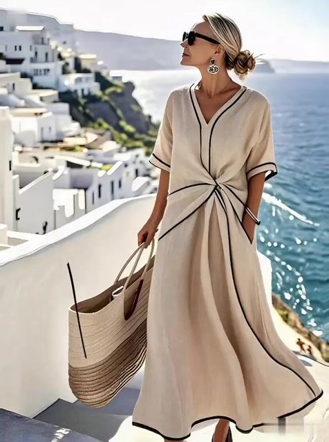 Ohlapna ženska črtasta obleka-SI