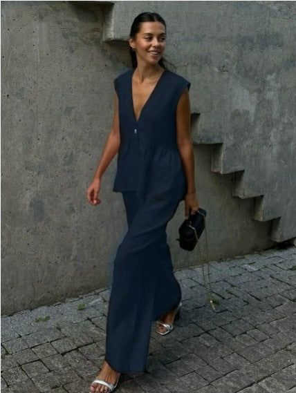 Moteriškas dviejų dalių komplektas iš vientisos medvilnės, V formos iškirptė, be rankovių, palaidinė ir kelnės-LT