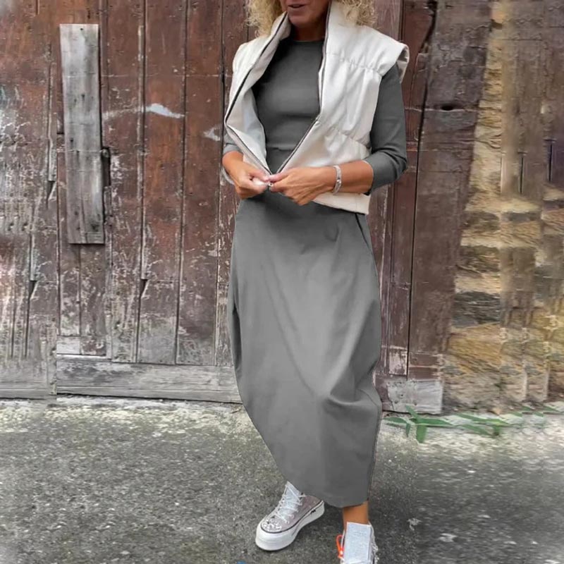 Vestido sencillo y elegante para mujer con bolsillos.-ES