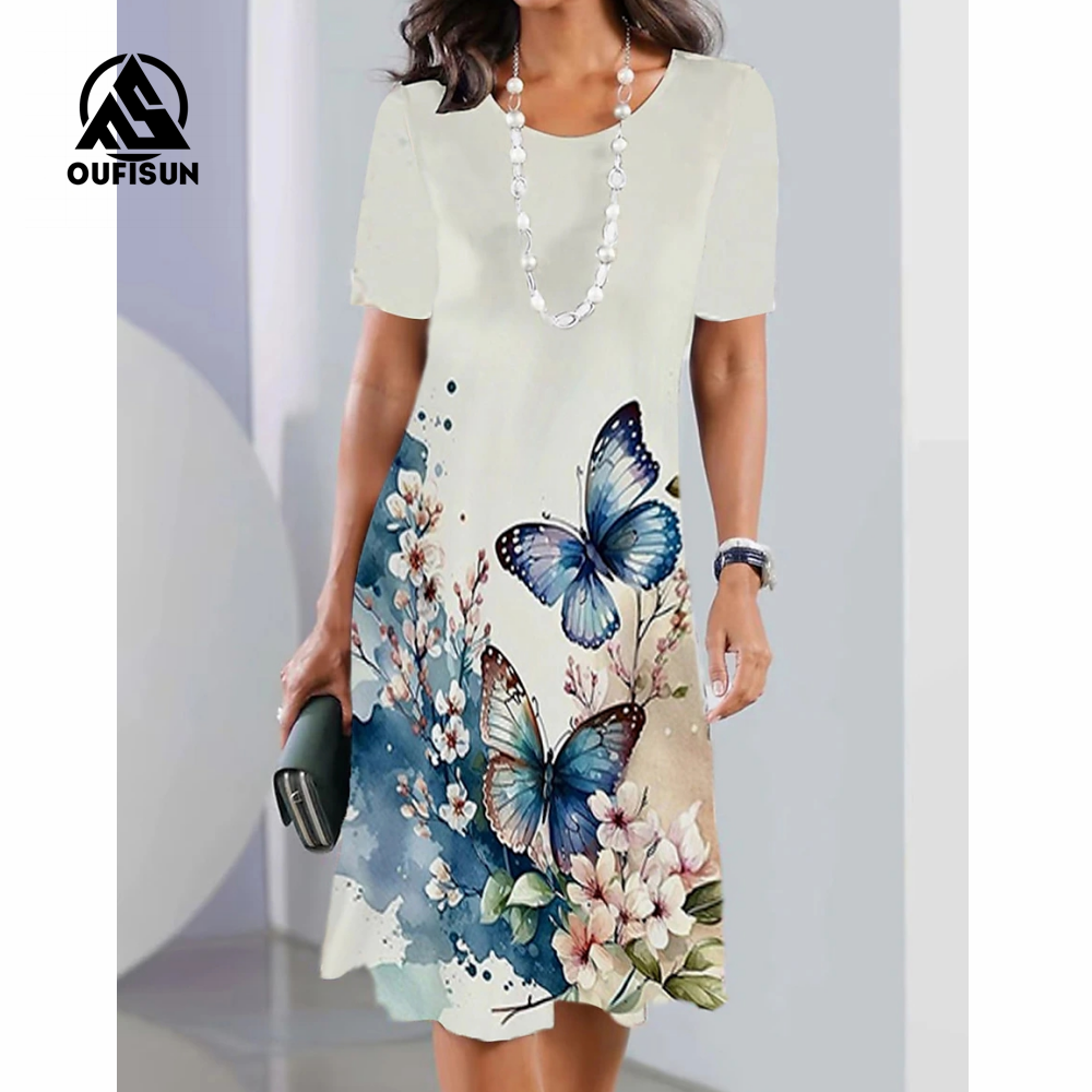 Μόδα φλοράλ στάμπα με κοντό μανίκι μάξι φορέματα πεταλούδα λουλουδάτο μακρύ φόρεμα-GR
