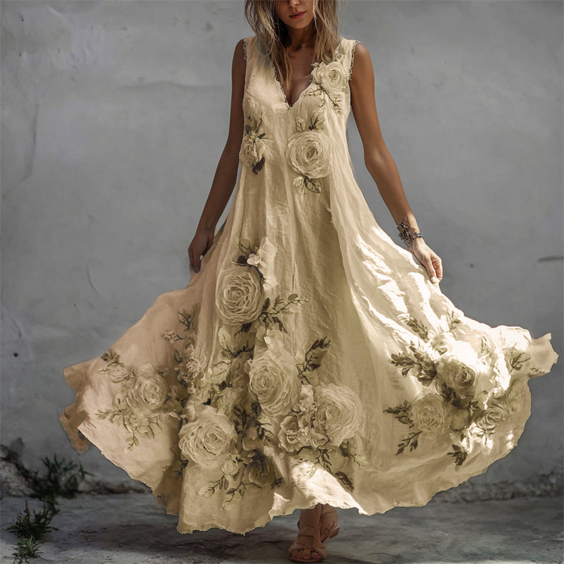 Vestido largo vintage de lino con estampado de rosas blancas-ES